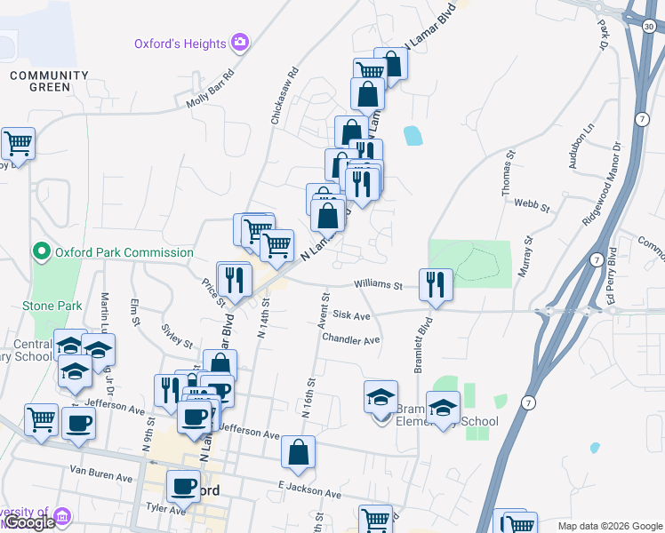map of restaurants, bars, coffee shops, grocery stores, and more near 1200-1298 Pleasant Dr in Oxford