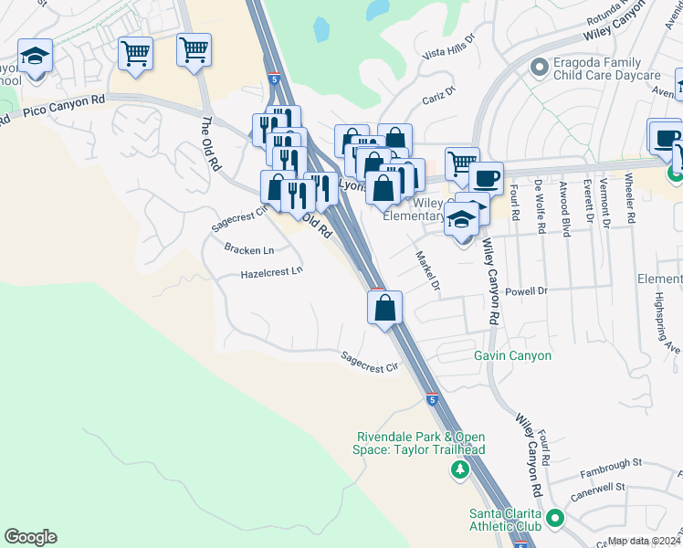 map of restaurants, bars, coffee shops, grocery stores, and more near 25129 The Old Road in Stevenson Ranch