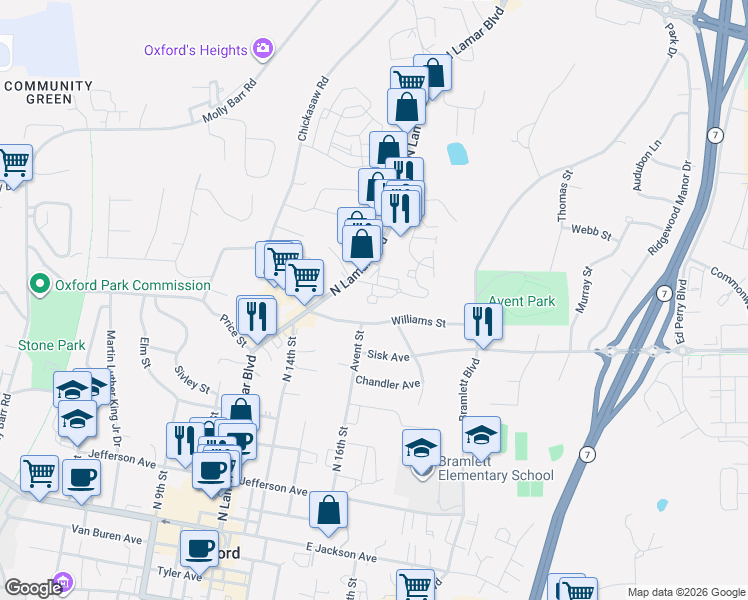 map of restaurants, bars, coffee shops, grocery stores, and more near 1200-1298 Pleasant Dr in Oxford