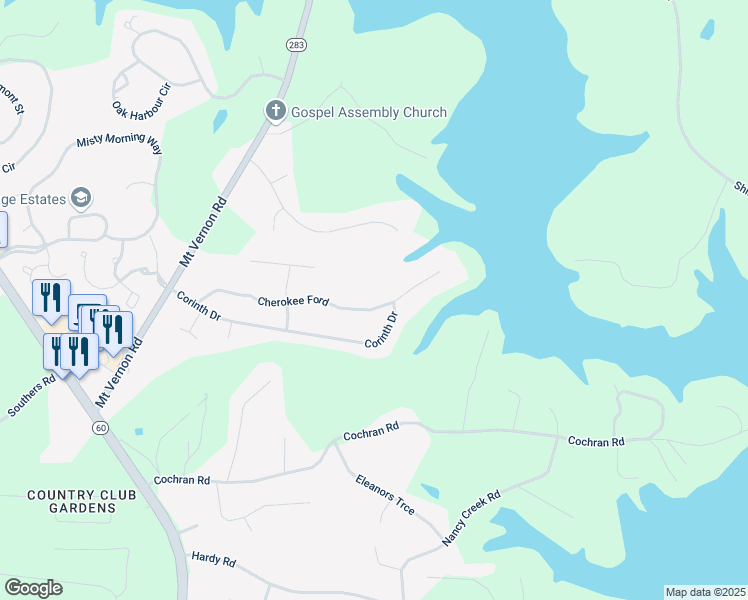 map of restaurants, bars, coffee shops, grocery stores, and more near 3847 Cherokee Ford in Gainesville