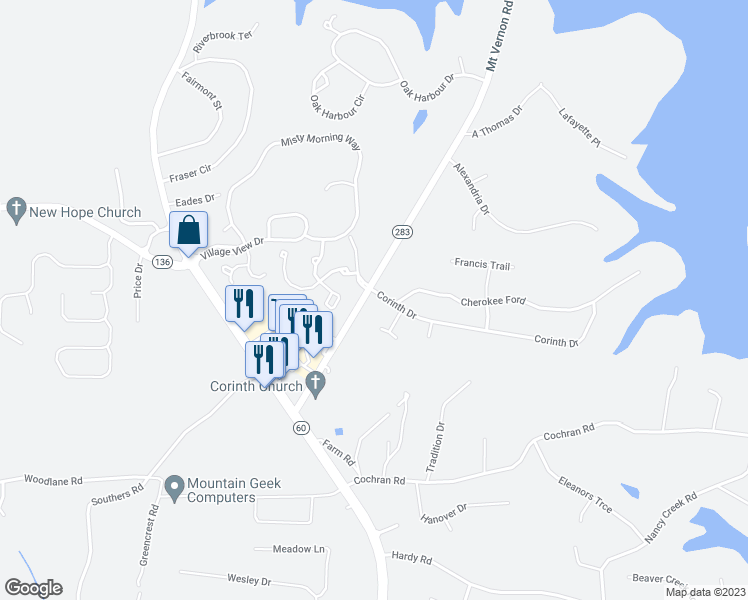 map of restaurants, bars, coffee shops, grocery stores, and more near 3704 Corinth Drive in Gainesville