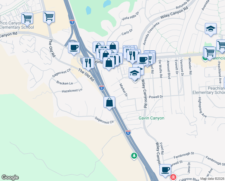 map of restaurants, bars, coffee shops, grocery stores, and more near 24441 Denise Place in Santa Clarita