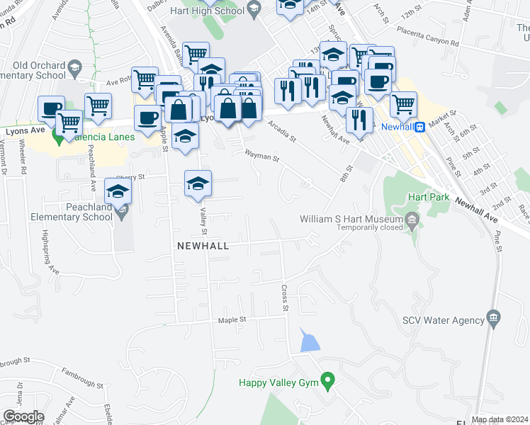 map of restaurants, bars, coffee shops, grocery stores, and more near 23161 8th Street in Santa Clarita