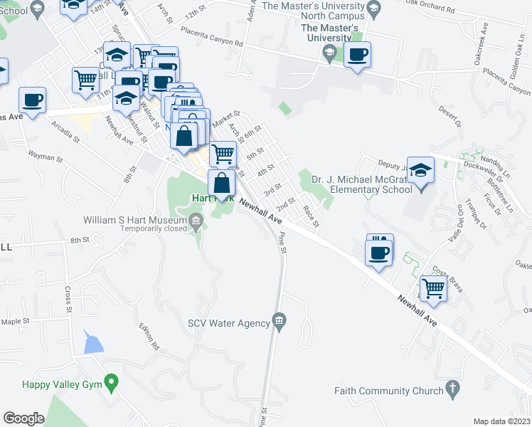 map of restaurants, bars, coffee shops, grocery stores, and more near 24101 Newhall Avenue in Santa Clarita
