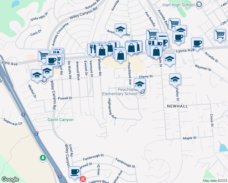 map of restaurants, bars, coffee shops, grocery stores, and more near 25035 Green Mill Avenue in Santa Clarita