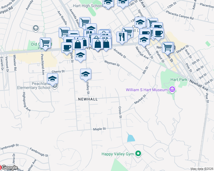 map of restaurants, bars, coffee shops, grocery stores, and more near 23252 Happy Valley Drive in Santa Clarita