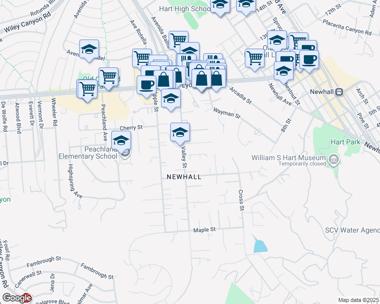 map of restaurants, bars, coffee shops, grocery stores, and more near 23345 Oakrun Lane in Santa Clarita