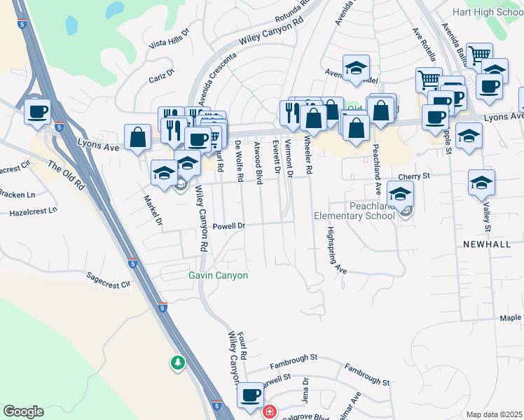map of restaurants, bars, coffee shops, grocery stores, and more near Atwood Boulevard in Santa Clarita