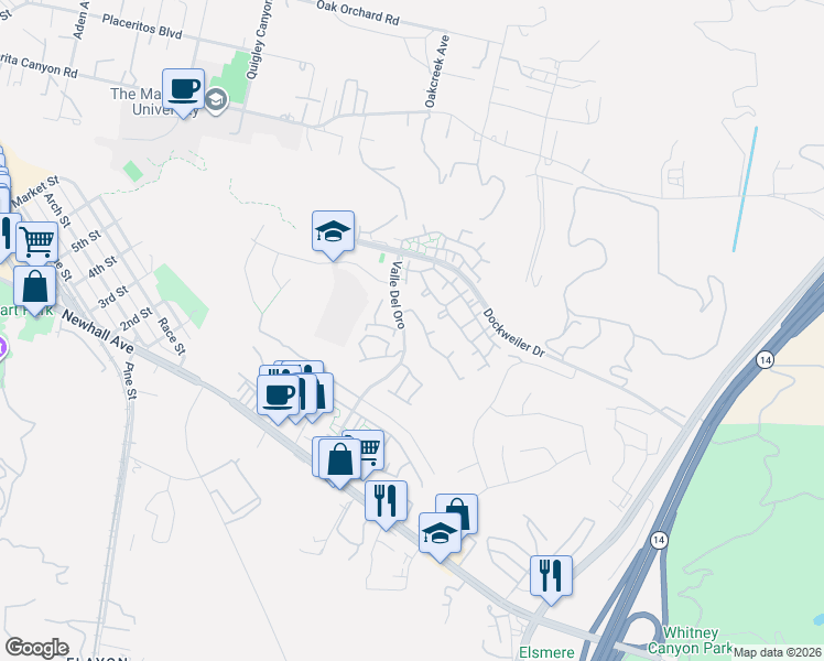 map of restaurants, bars, coffee shops, grocery stores, and more near 21203 Trumpet Drive in Santa Clarita