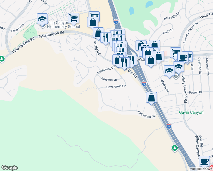 map of restaurants, bars, coffee shops, grocery stores, and more near 24802 Bracken Lane in Stevenson Ranch
