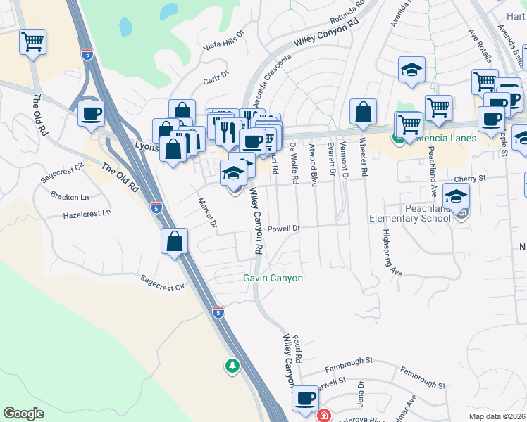 map of restaurants, bars, coffee shops, grocery stores, and more near 25142 Wiley Canyon Road in Santa Clarita