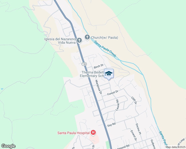 map of restaurants, bars, coffee shops, grocery stores, and more near 1338 Mariposa Drive in Santa Paula