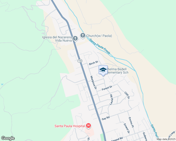map of restaurants, bars, coffee shops, grocery stores, and more near 1338 Mariposa Drive in Santa Paula