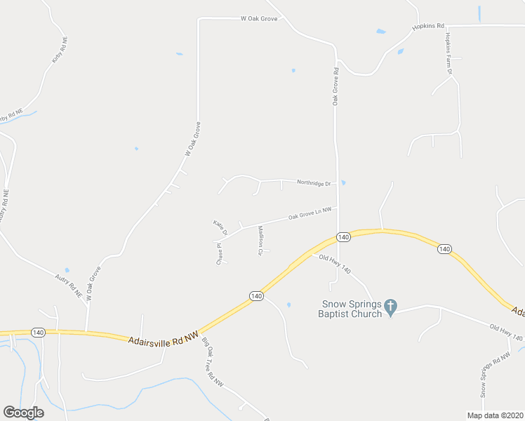 map of restaurants, bars, coffee shops, grocery stores, and more near 34 Oak Grove Lane Northwest in Adairsville