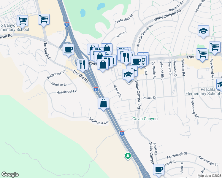 map of restaurants, bars, coffee shops, grocery stores, and more near 24419 Denise Place in Santa Clarita