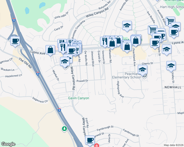 map of restaurants, bars, coffee shops, grocery stores, and more near 25139 Atwood Boulevard in Santa Clarita