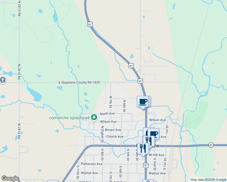 map of restaurants, bars, coffee shops, grocery stores, and more near 731 North 7th Street in Comanche