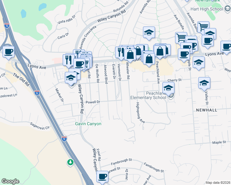 map of restaurants, bars, coffee shops, grocery stores, and more near Everett Drive in Santa Clarita