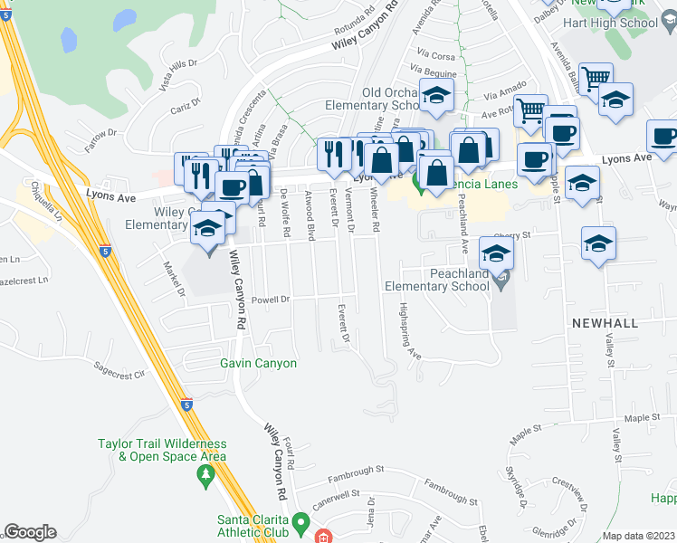 map of restaurants, bars, coffee shops, grocery stores, and more near Everett Drive in Santa Clarita