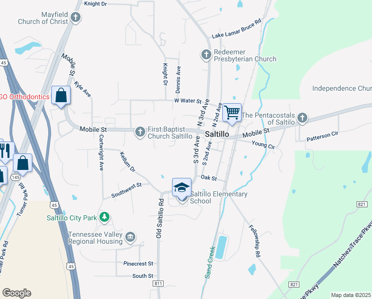 map of restaurants, bars, coffee shops, grocery stores, and more near 107 Smith Drive in Saltillo
