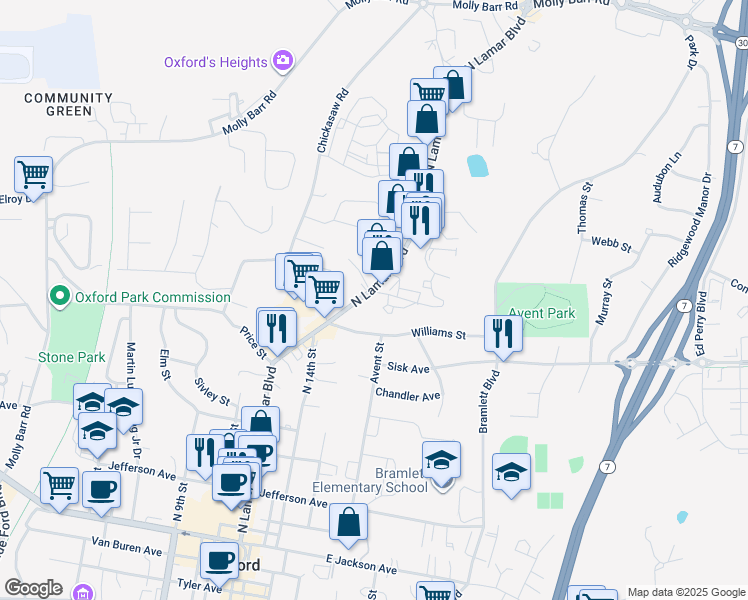 map of restaurants, bars, coffee shops, grocery stores, and more near 1200-1298 Pleasant Dr in Oxford