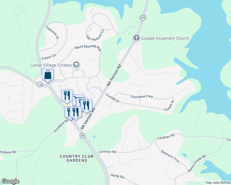 map of restaurants, bars, coffee shops, grocery stores, and more near 3709 Cherokee Ford in Gainesville