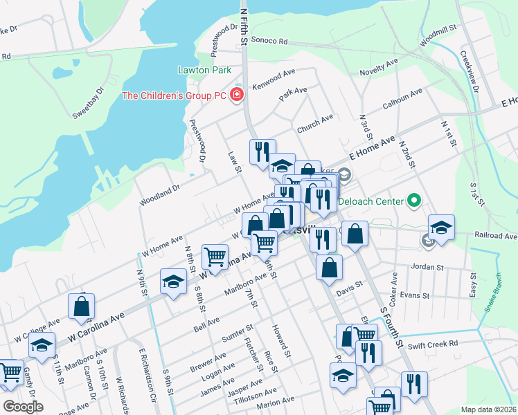 map of restaurants, bars, coffee shops, grocery stores, and more near 137 West Home Avenue in Hartsville