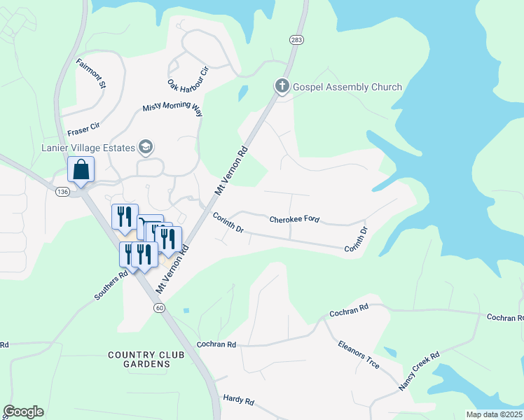 map of restaurants, bars, coffee shops, grocery stores, and more near 3725 Cherokee Ford in Gainesville