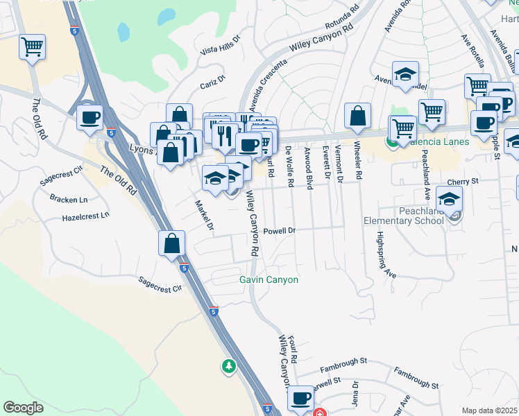 map of restaurants, bars, coffee shops, grocery stores, and more near 25142 Wiley Canyon Road in Santa Clarita