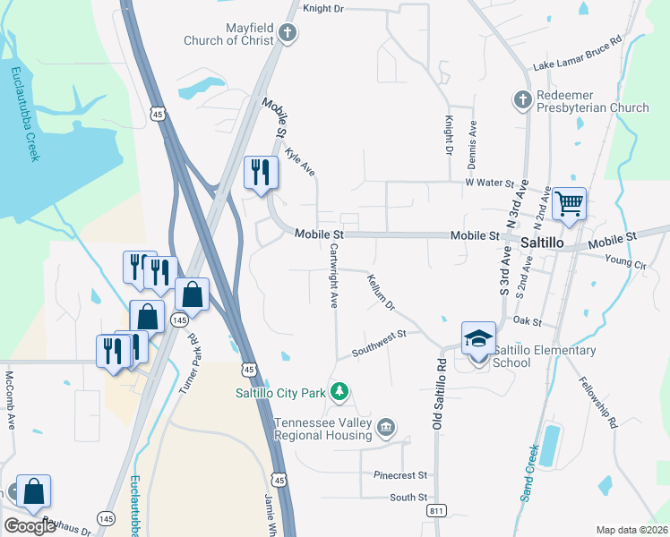 map of restaurants, bars, coffee shops, grocery stores, and more near 124 Kellum Drive in Saltillo