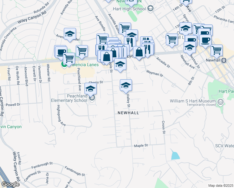 map of restaurants, bars, coffee shops, grocery stores, and more near 24714 Apple Street in Santa Clarita