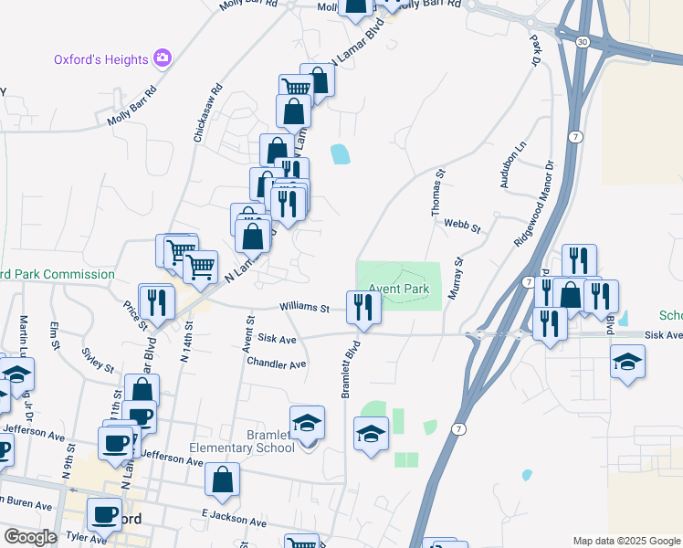map of restaurants, bars, coffee shops, grocery stores, and more near 201 Park Drive in Oxford