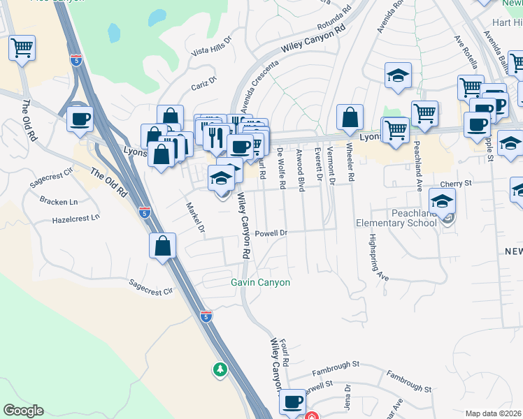 map of restaurants, bars, coffee shops, grocery stores, and more near 25143 Fourl Road in Santa Clarita