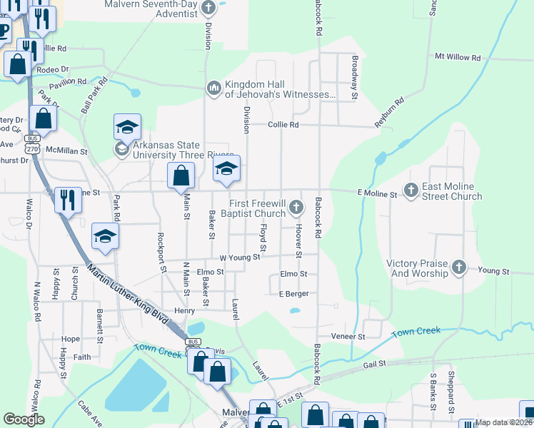 map of restaurants, bars, coffee shops, grocery stores, and more near 736 Floyd Street in Malvern