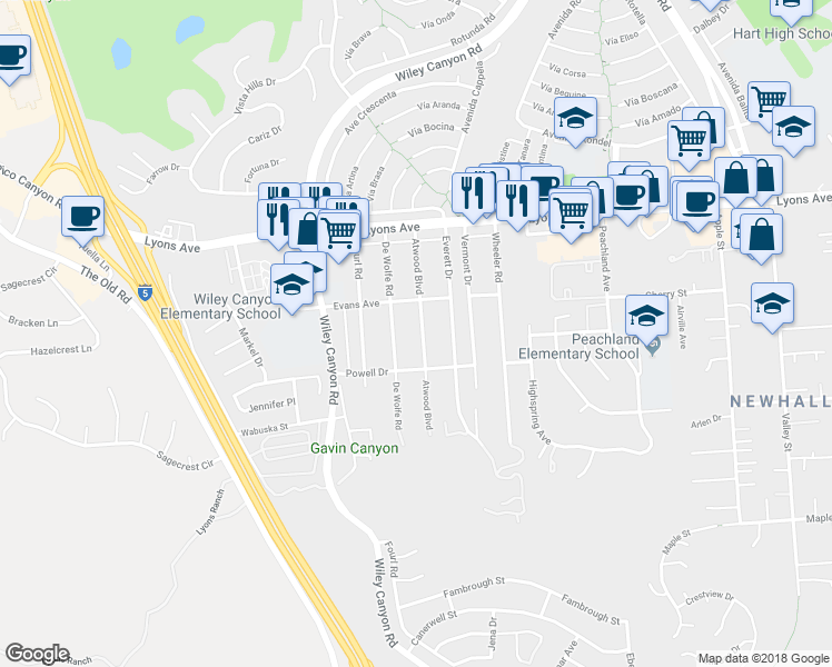 map of restaurants, bars, coffee shops, grocery stores, and more near 25139 Atwood Boulevard in Santa Clarita