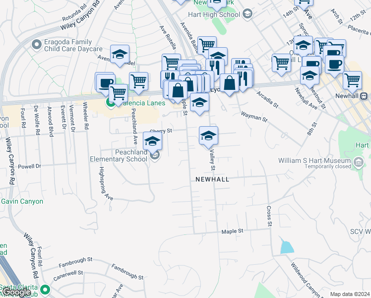 map of restaurants, bars, coffee shops, grocery stores, and more near 23407 Happy Valley Drive in Santa Clarita