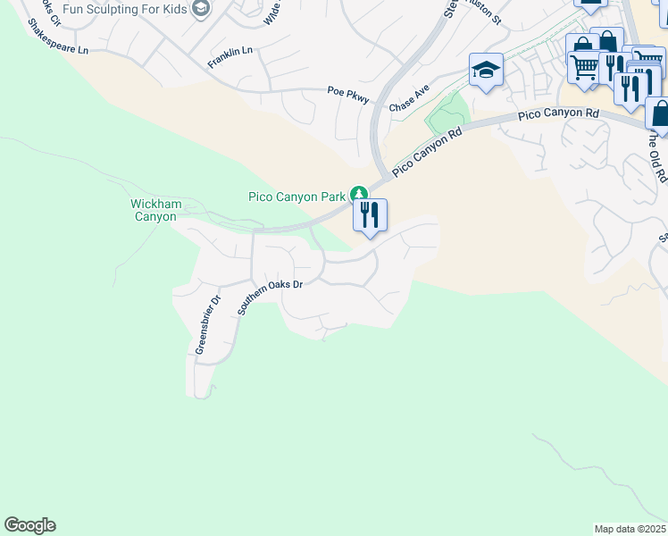 map of restaurants, bars, coffee shops, grocery stores, and more near 25652 Magnolia Lane in Stevenson Ranch