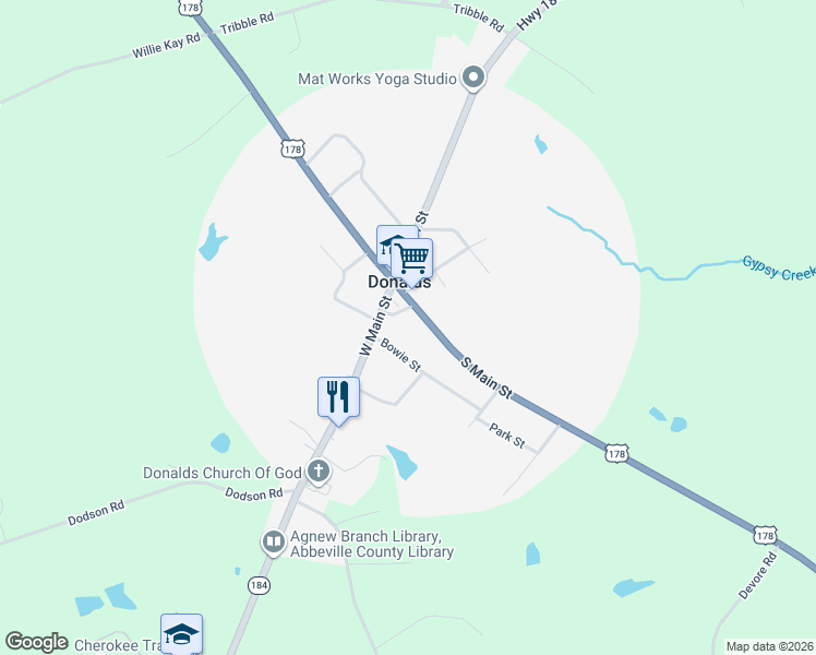 map of restaurants, bars, coffee shops, grocery stores, and more near South Main Street in Donalds