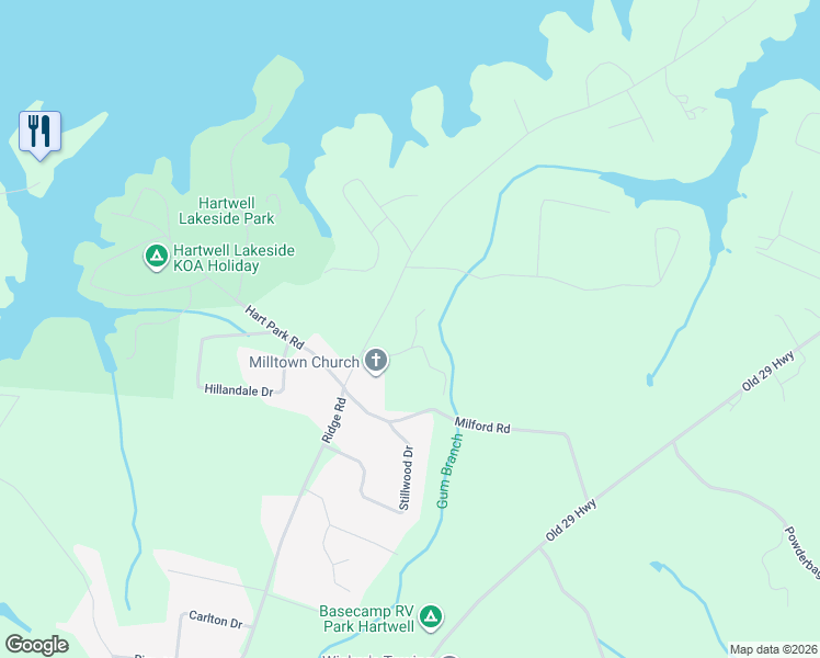 map of restaurants, bars, coffee shops, grocery stores, and more near 87 Little Milltown Road in Hartwell