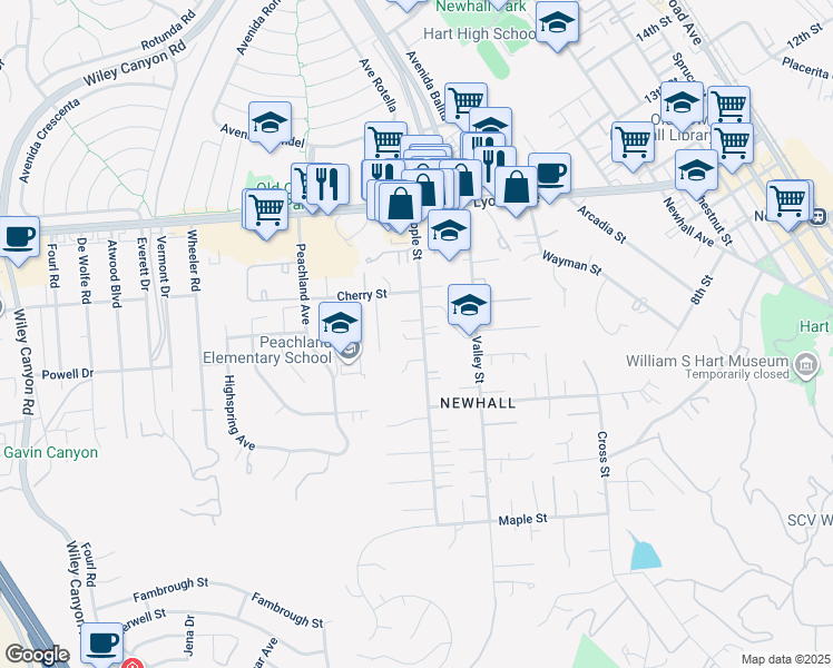 map of restaurants, bars, coffee shops, grocery stores, and more near 23407 Happy Valley Drive in Santa Clarita