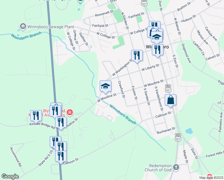 map of restaurants, bars, coffee shops, grocery stores, and more near 2320 Cleveland Street in Winnsboro