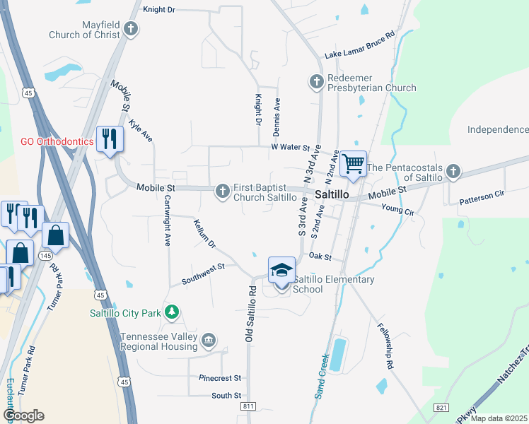 map of restaurants, bars, coffee shops, grocery stores, and more near 120 Ricky Dr in Saltillo