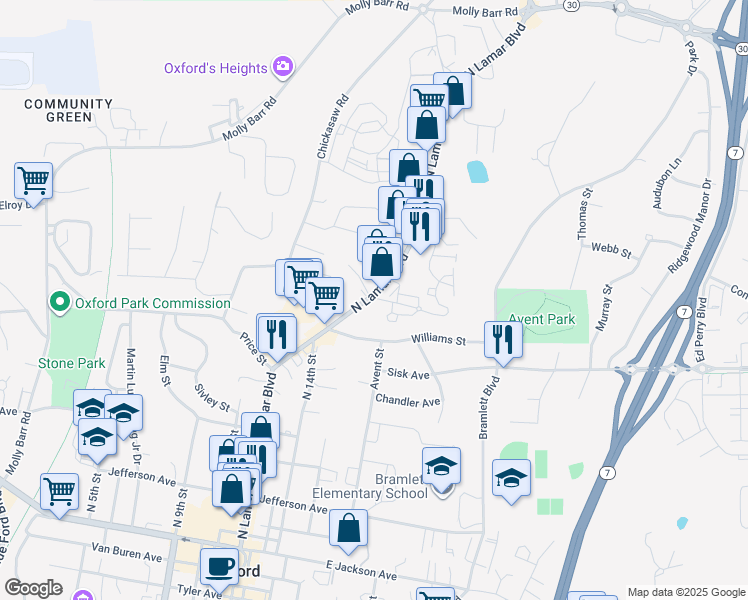 map of restaurants, bars, coffee shops, grocery stores, and more near 1200-1298 Pleasant Dr in Oxford