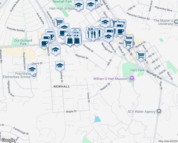 map of restaurants, bars, coffee shops, grocery stores, and more near 24501 Breckenridge Place in Santa Clarita