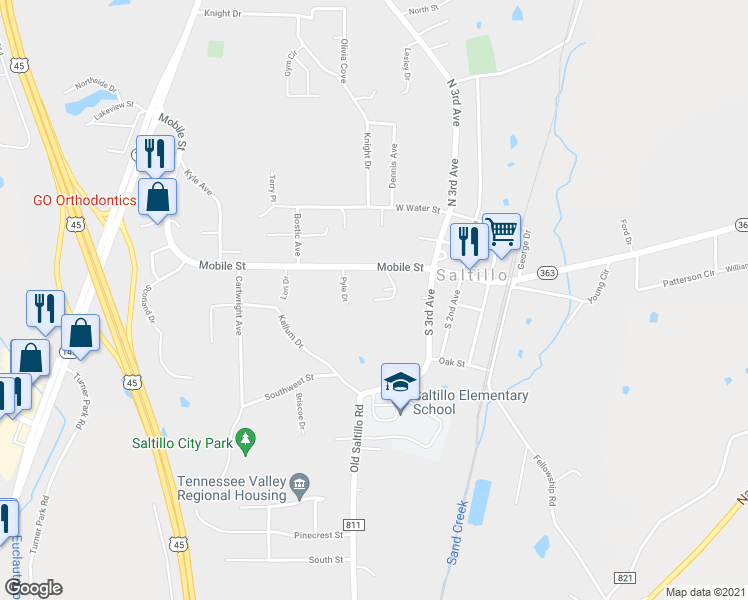 map of restaurants, bars, coffee shops, grocery stores, and more near 120 Ricky Dr in Saltillo