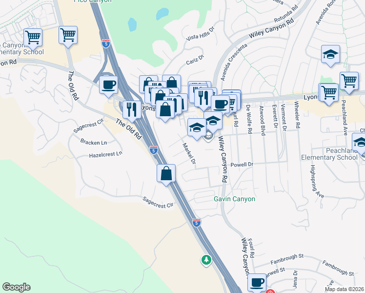 map of restaurants, bars, coffee shops, grocery stores, and more near 24419 Denise Place in Santa Clarita