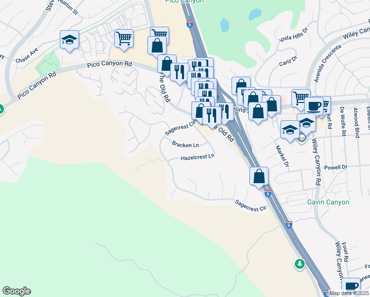 map of restaurants, bars, coffee shops, grocery stores, and more near 24802 Bracken Lane in Stevenson Ranch