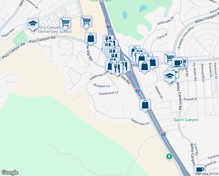map of restaurants, bars, coffee shops, grocery stores, and more near 24722 Bracken Lane in Stevenson Ranch
