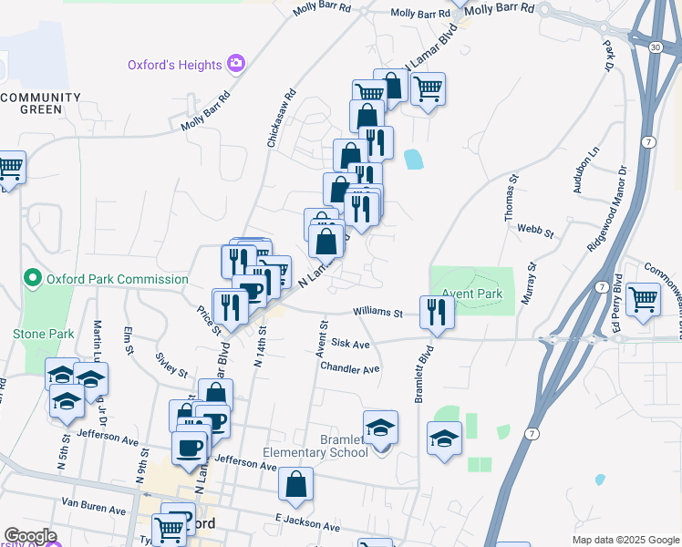 map of restaurants, bars, coffee shops, grocery stores, and more near 1200-1298 Pleasant Dr in Oxford