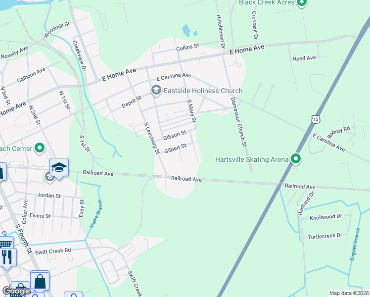 map of restaurants, bars, coffee shops, grocery stores, and more near 903 Gilbert Street in Hartsville